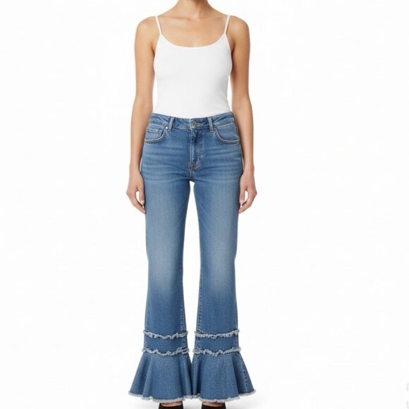 Zara Basic Women’s Blue Cotton Flare Ruffle Hem Jeans Button Fly Size 04 - Picture 10 of 10